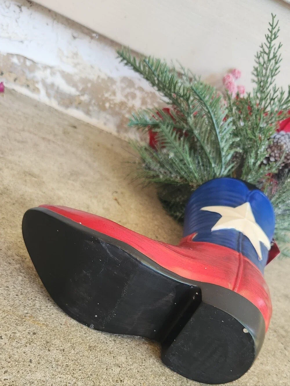 Festive Texas Cowboy Boot Faux Poinsettia Pine Bouquet Christmas Decor
